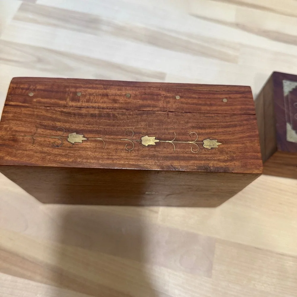 Vintage Wooden Brass Inlaid Boho Hinged Velvet Lined Trinket Boxes Lot of 2